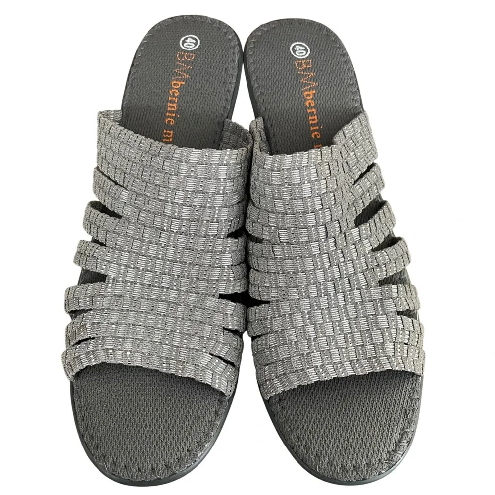 NEW Bernie Mev Kent Wedge Sandals Silver‎ Grey Woven Elastic Comfort US 9 EU 40